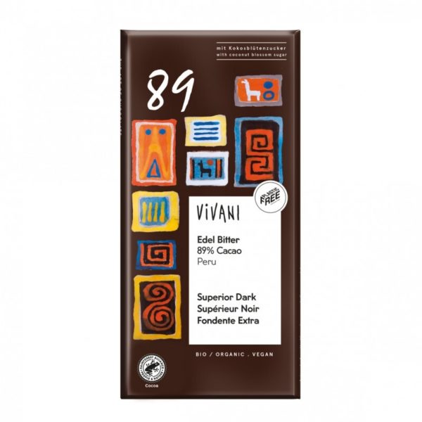 comprar Chocolate BIO negro superior 89% perú con azúcar de coco 80gr - vivani
